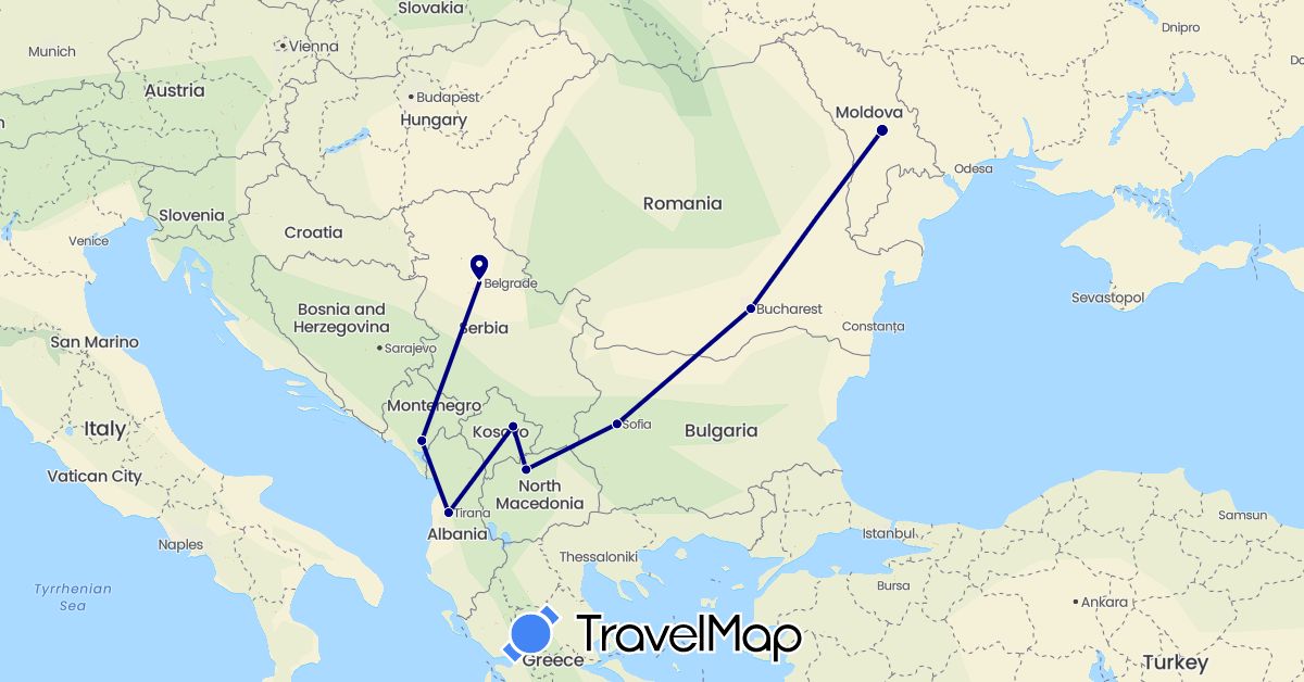 TravelMap itinerary: driving in Albania, Bulgaria, Moldova, Montenegro, Macedonia, Romania, Serbia, Kosovo (Europe)